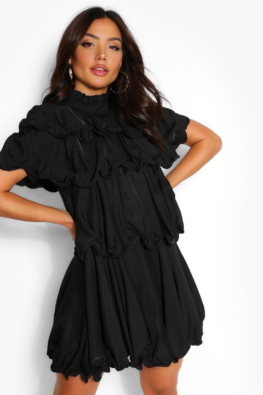Hochgeschlossenes Swing-Kleid aus Baumwolle mit extremen Rüschen, Schwarz image number 1