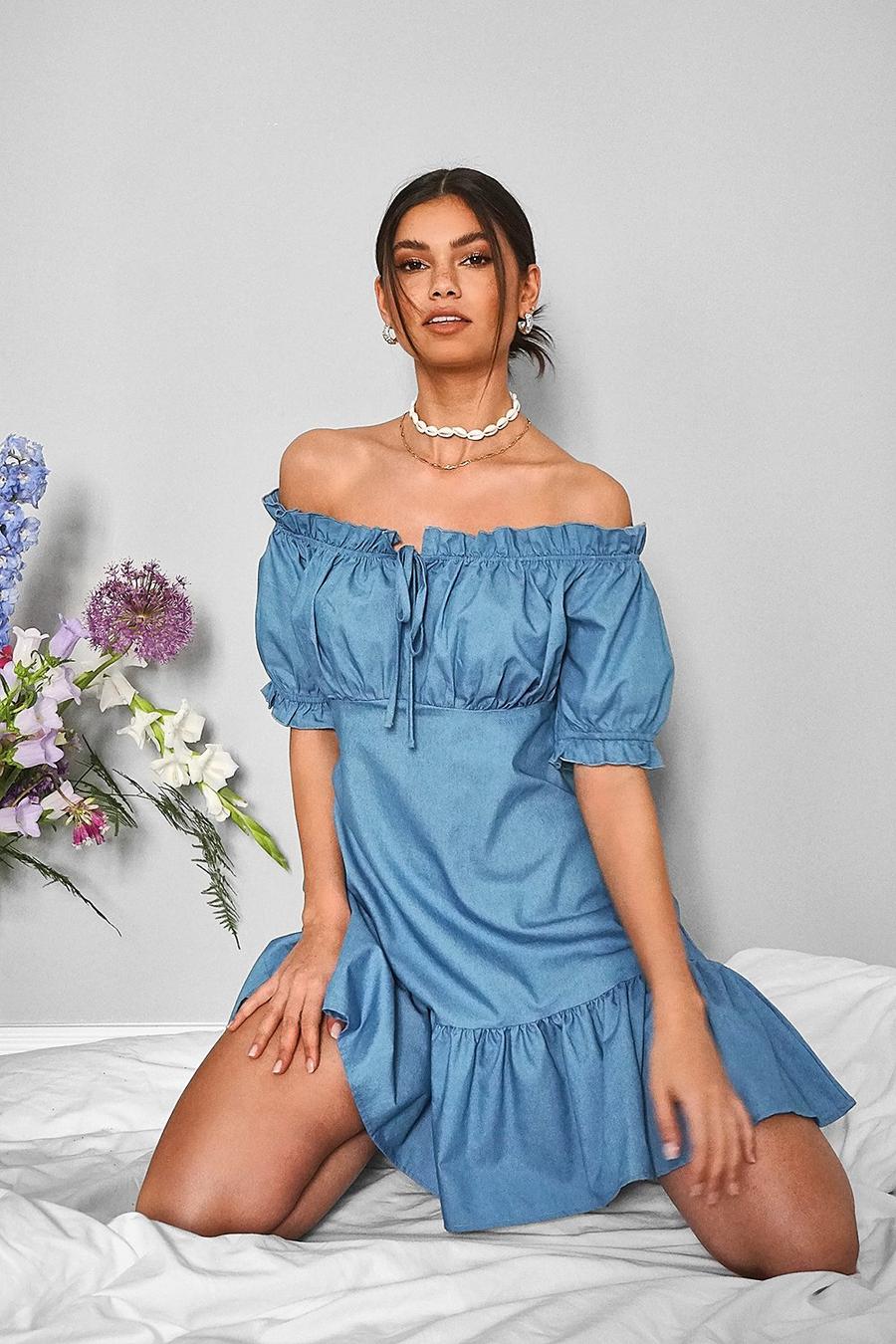 Mid blue Chambray Off The Shoulder Puff Sleeve Mini Dress image number 1