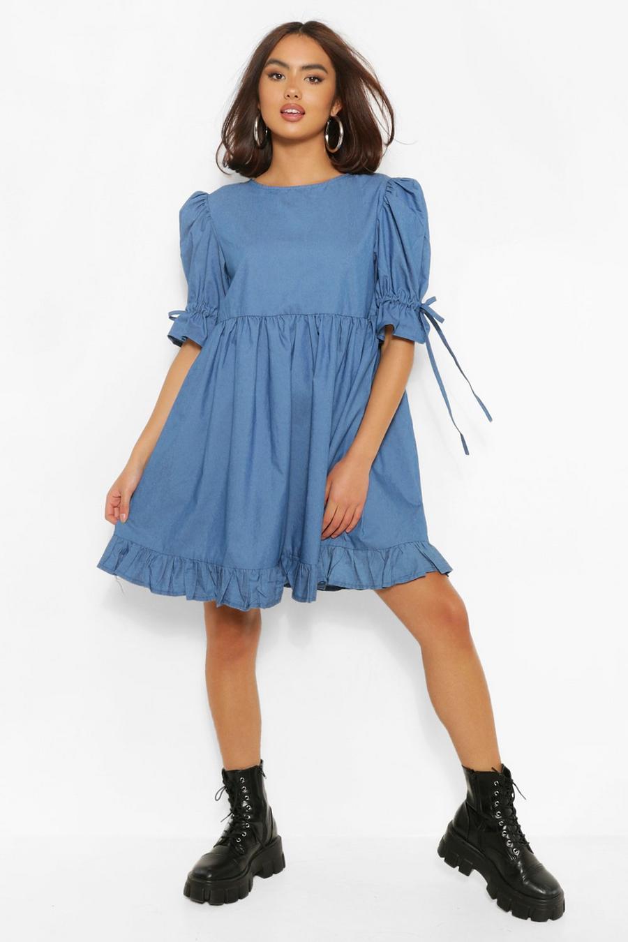 Mid blue Chambray Puff Sleeve Smock Dress image number 1