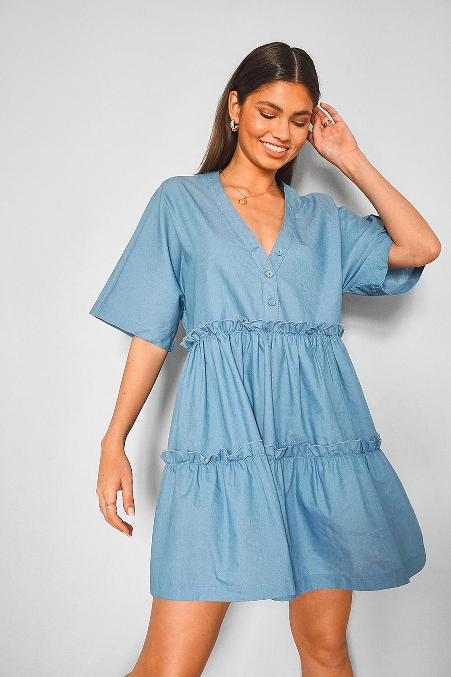 Mid blue Chambray Tiered Mini Dress image number 1