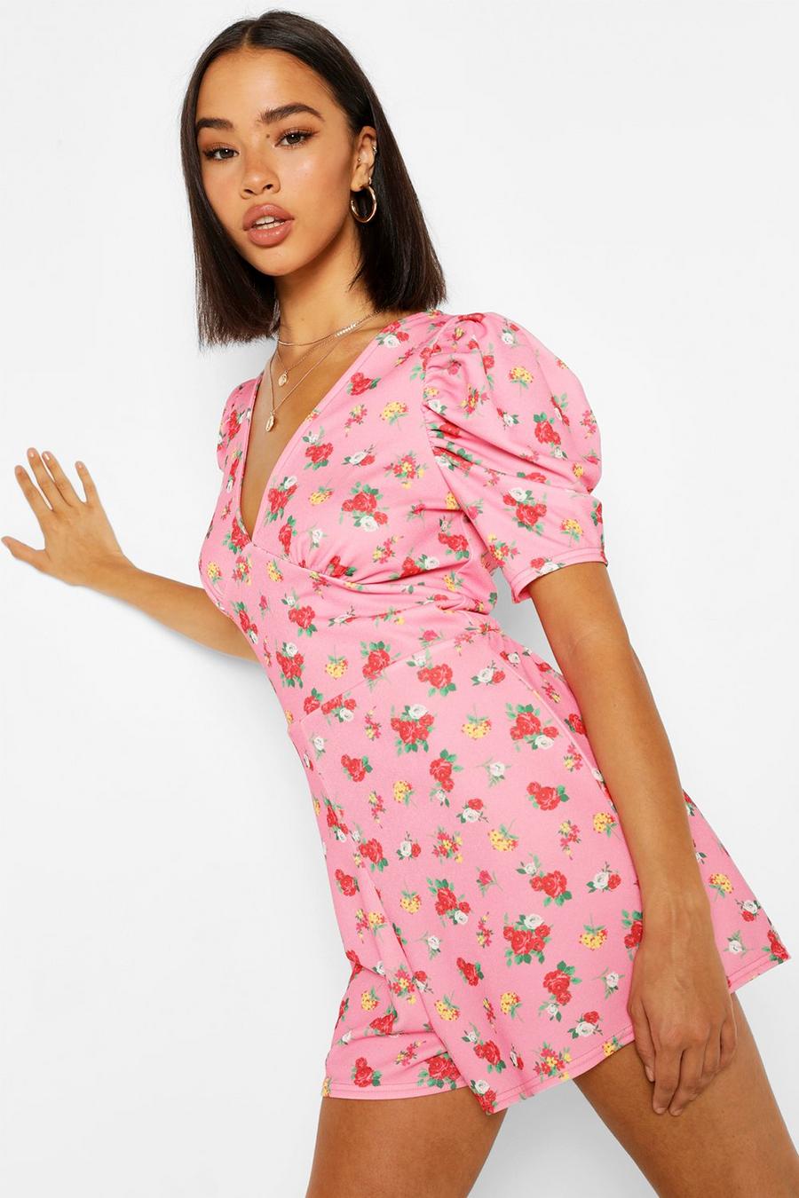 Floral Print Puff Sleeve Wrap Playsuit image number 1