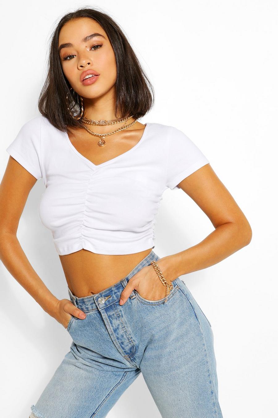 White Ruched Detail Crop T Shirt image number 1