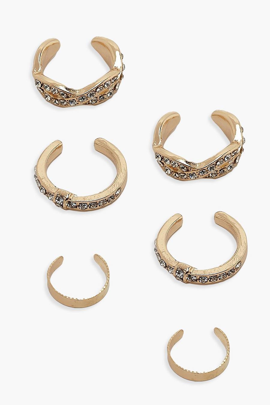 Gold Ear cuffs med strass och tvinnad design (3-pack) image number 1