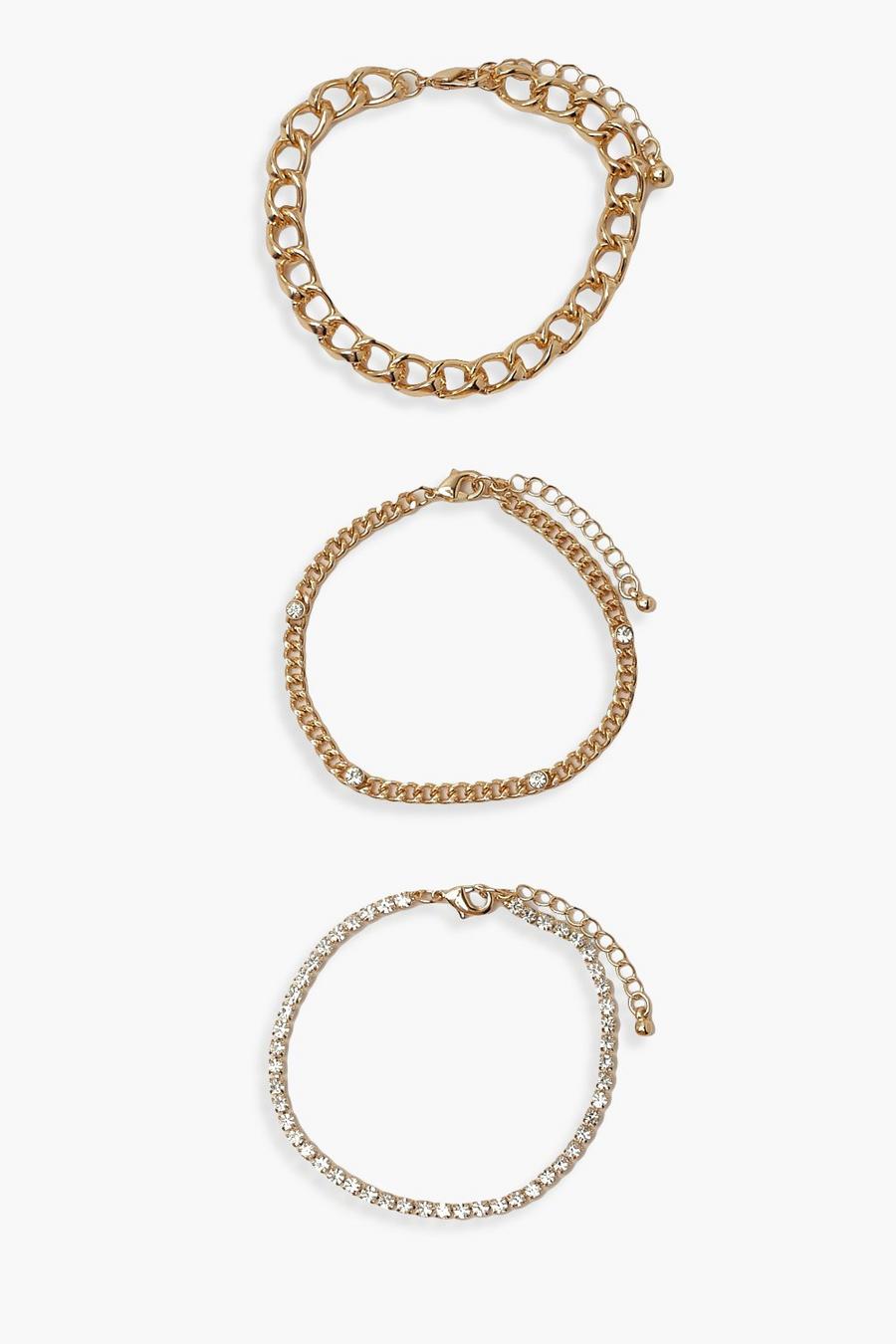 Gold Chain & Diamante Detail 3 Pack Bracelets image number 1