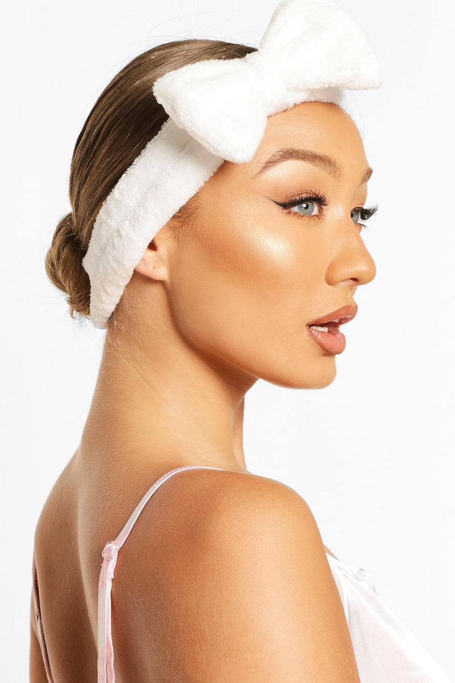 White Fluffy Bow Spa Facial Headband image number 1