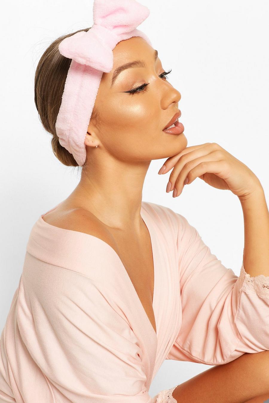 Flauschiges Spa-Haarband und Gesichtsmaske mit Schleife, Babyrosa image number 1