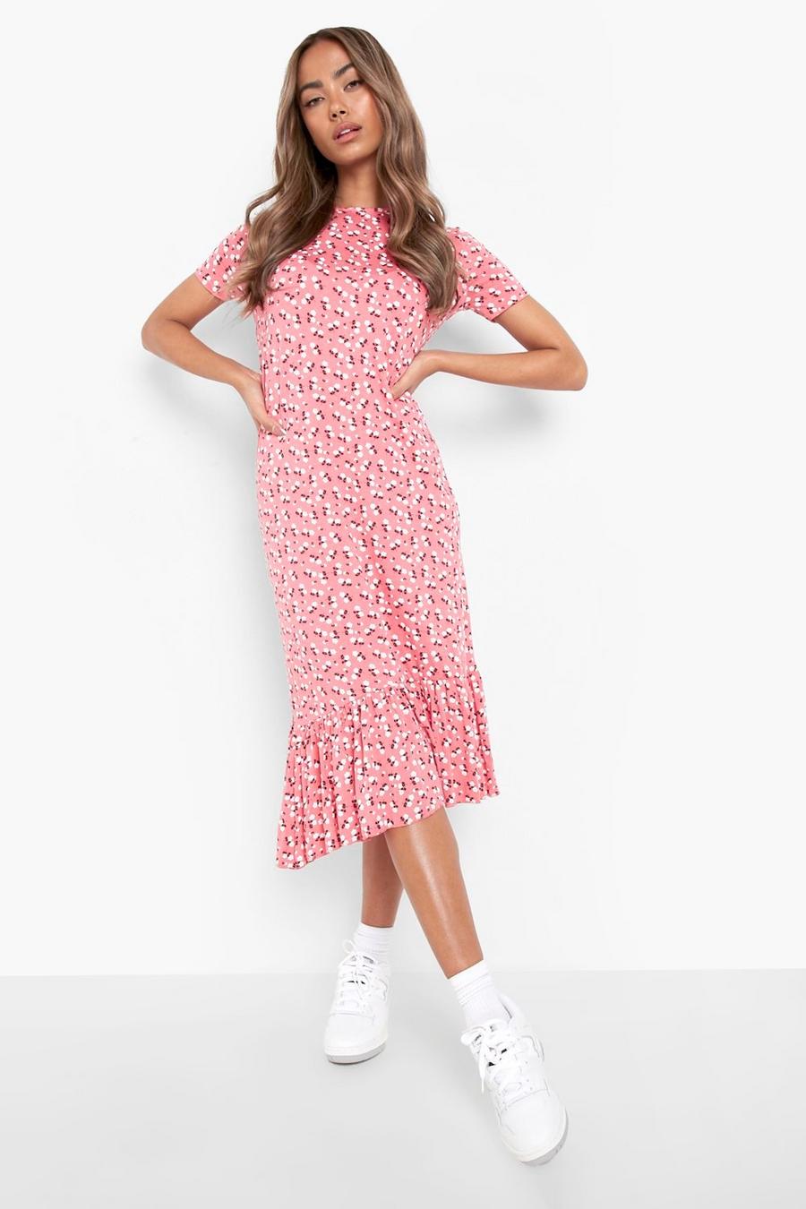 Coral Småblommig midiklänning med veckad kjol image number 1
