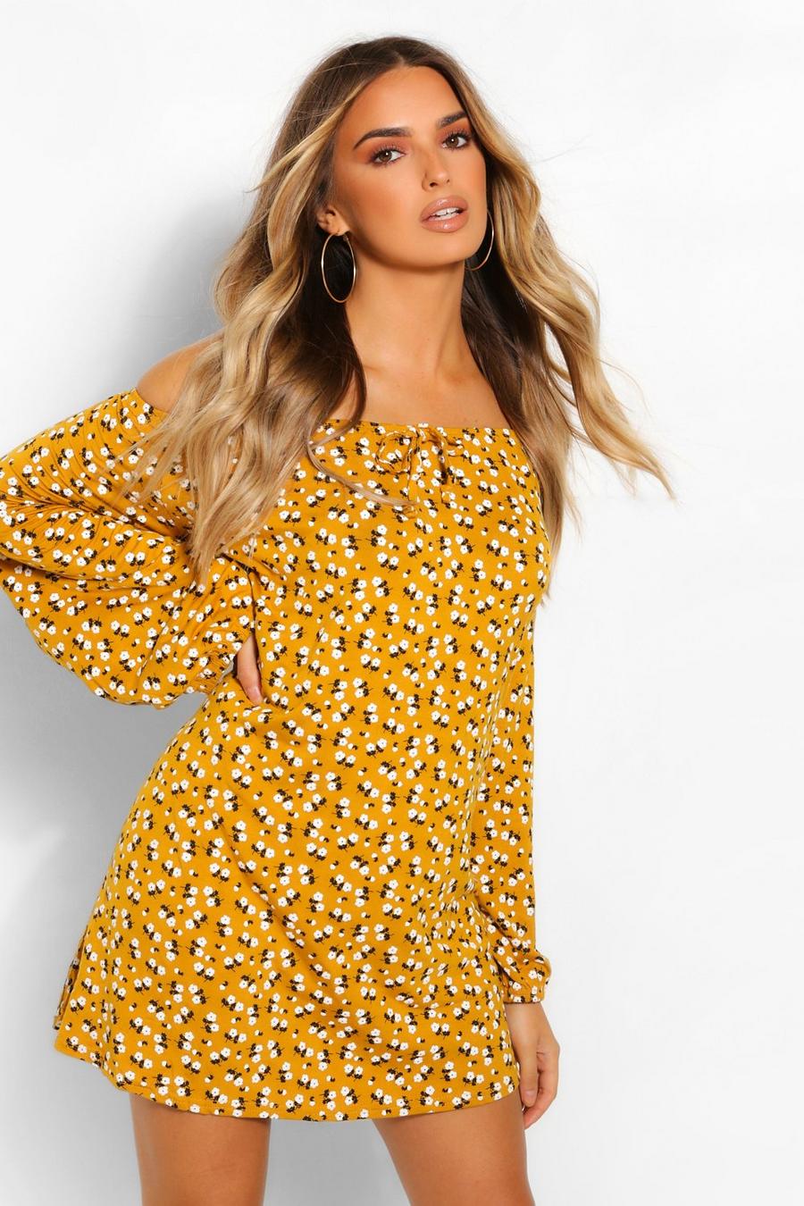 Mustard Ditsy Floral Balloon Sleeve Smock Dress image number 1