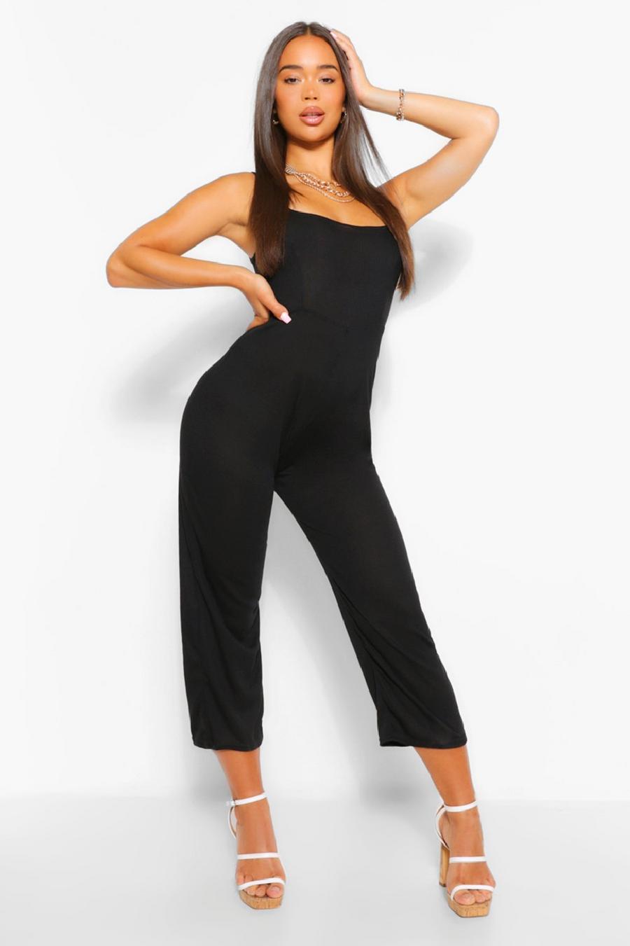 Black Ribbed Thick Strap Square Neck Culotte Jumpsuit image number 1