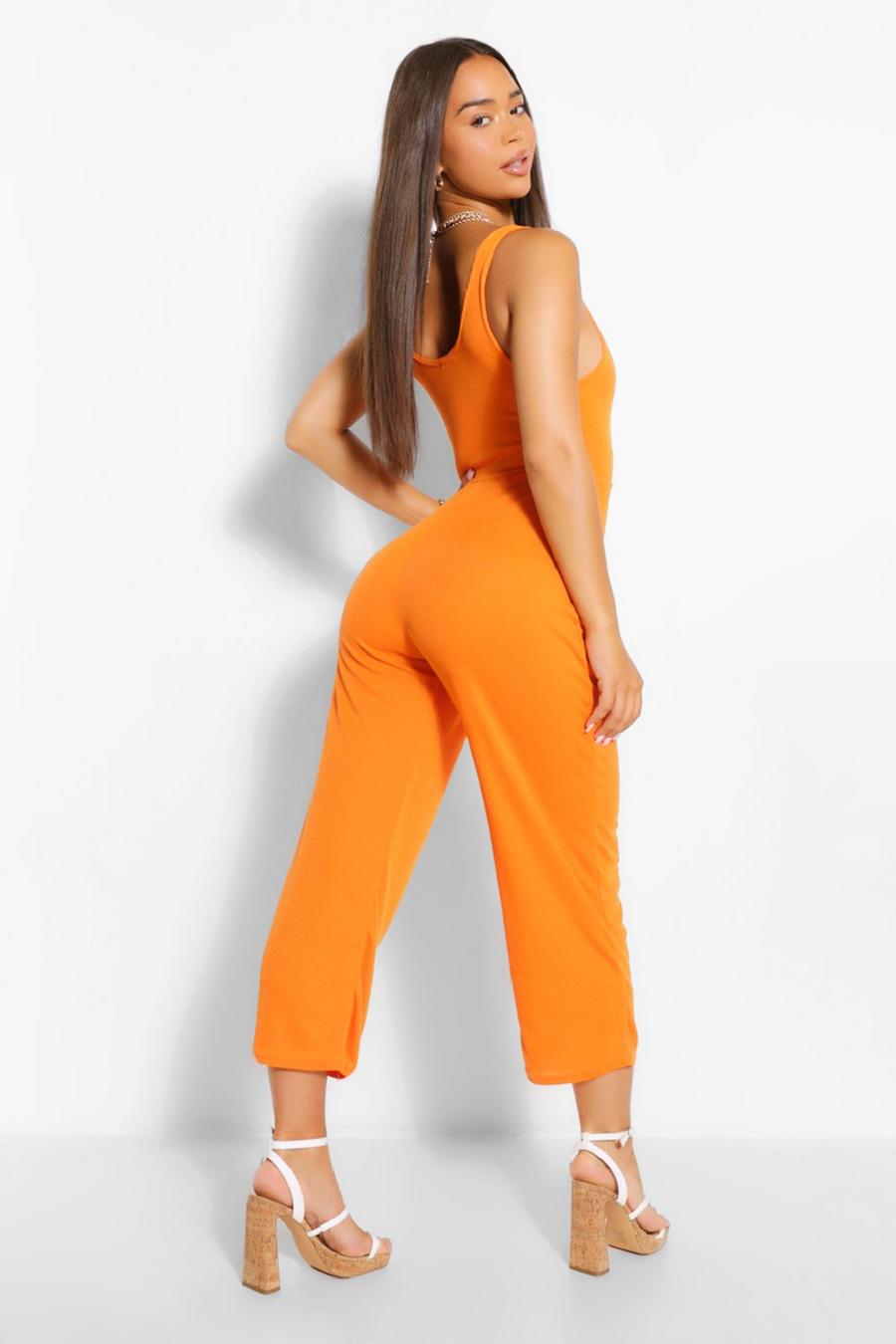 Orange Ribbed Thick Strap Sqaure Neck Culotte Jumpsuit image number 1