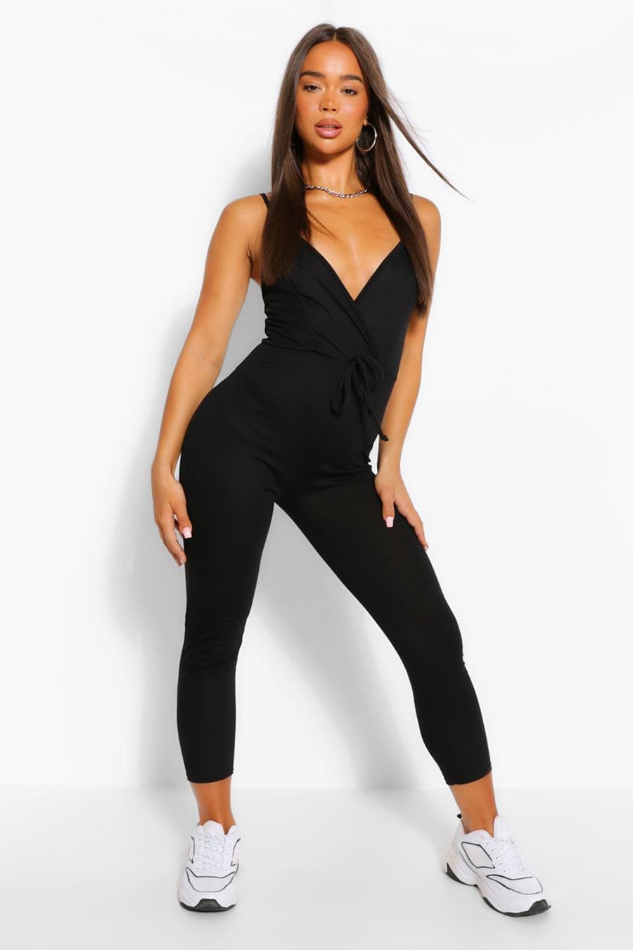 Black Ribbed Strappy Wrap Front Tie Waist Jumpsuit image number 1