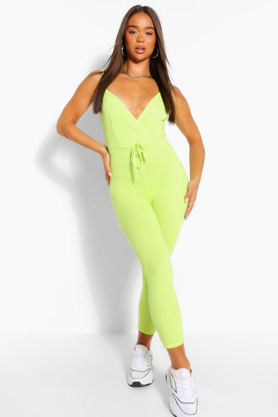 Lime Ribbed Strappy Wrap Front Tie Waist Jumpsuit image number 1