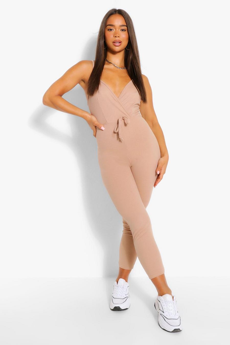 Stone Ribbed Strappy Wrap Front Tie Waist Jumpsuit image number 1