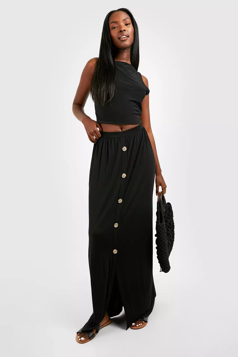 Black Button Front Jersey Maxi Skirt alternative image