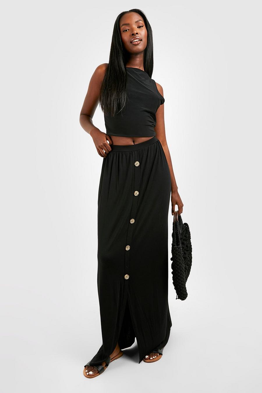 Black Button Front Jersey Knit Maxi Skirt image number 1