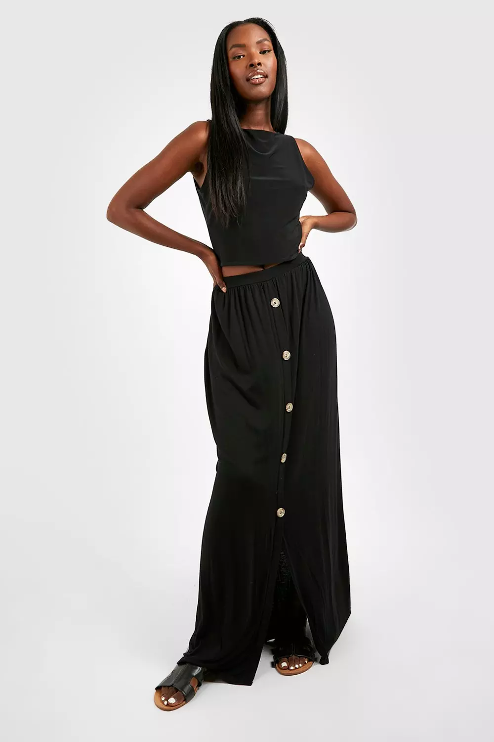 Black Button Front Jersey Maxi Skirt alternative image