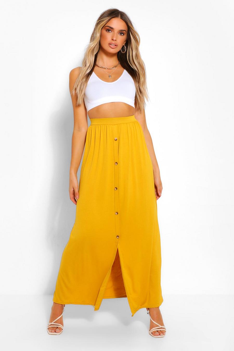 Chartreuse gul Button Front Jersey Maxi Skirt
