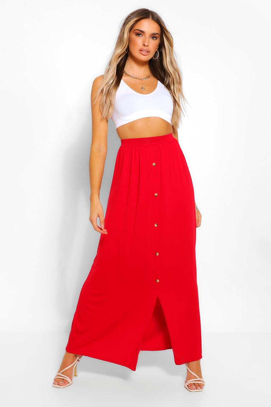 Red Button Front Jersey Knit Maxi Skirt image number 1