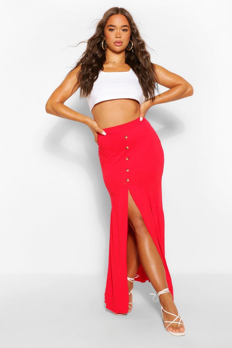 Red Button Front Ruffle Hem Jersey Maxi Skirt image number 1
