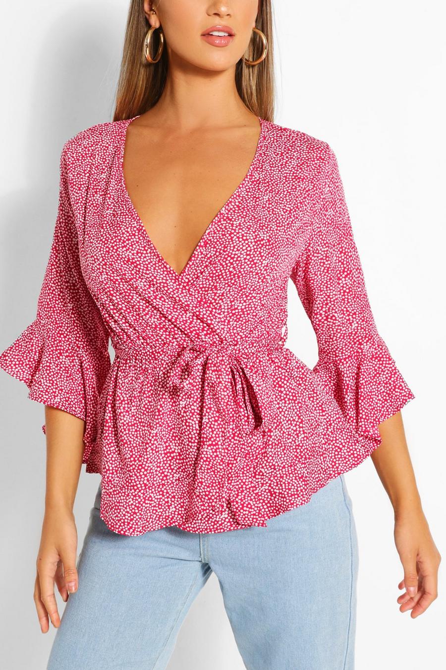 Red Woven Ditsy Floral Wrap Blouse image number 1