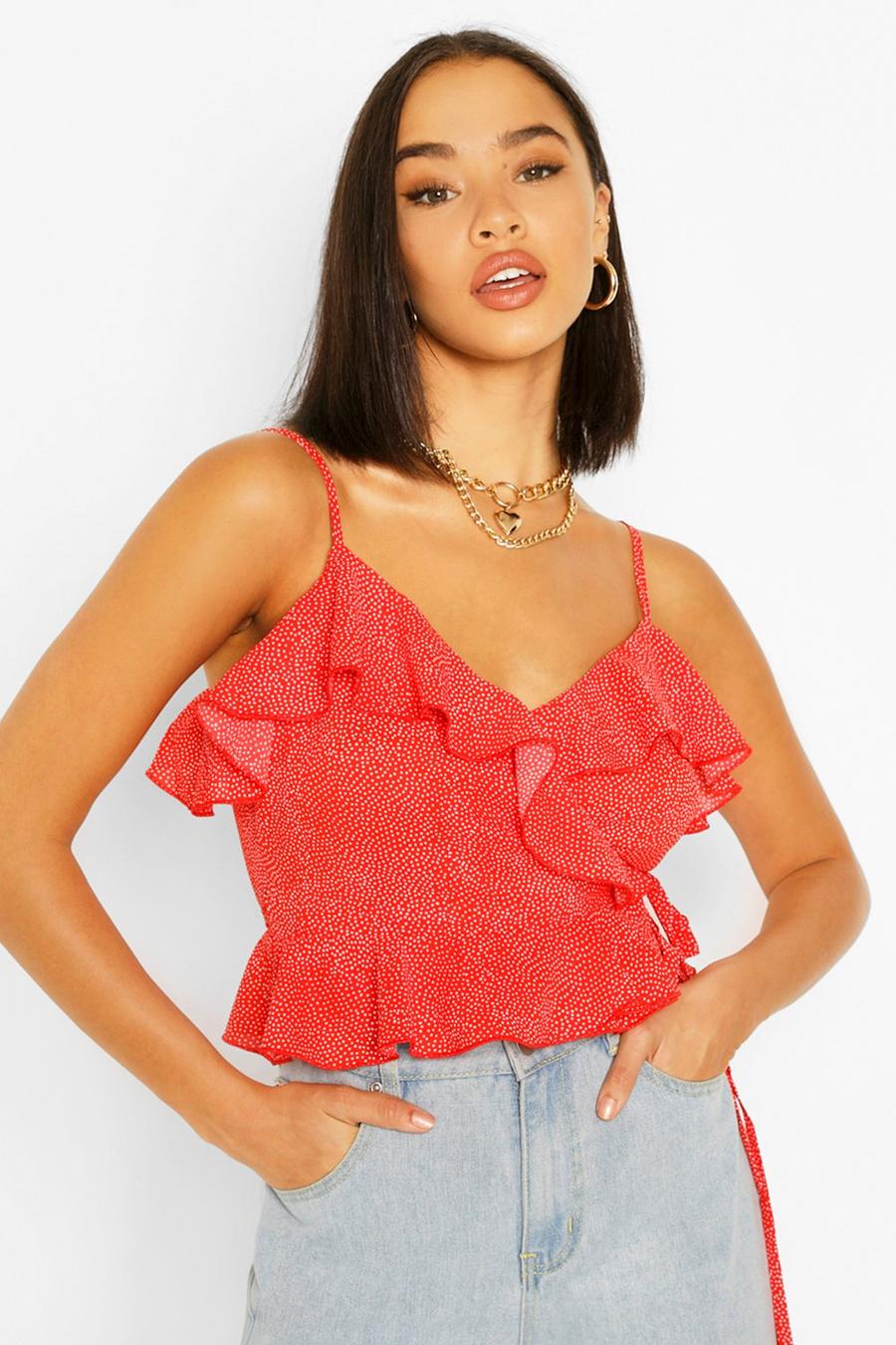 Red Woven floral wrap cami top image number 1
