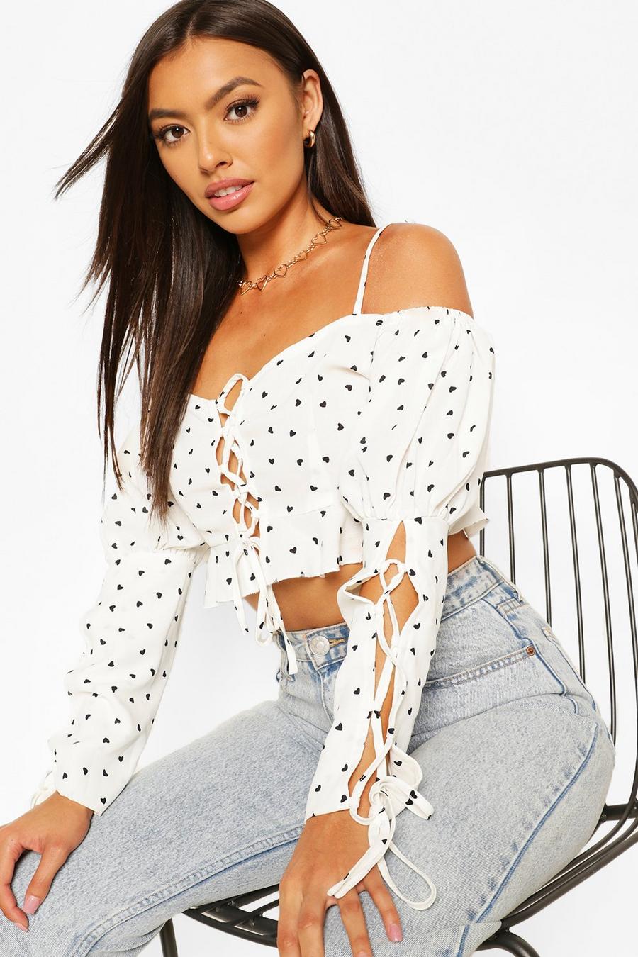 Woven polka dotcold sholder lace up top image number 1