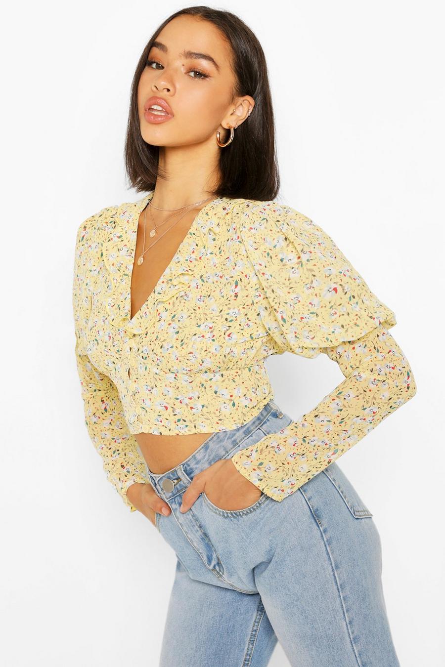 Yellow Woven floral puff sleeve blouse image number 1