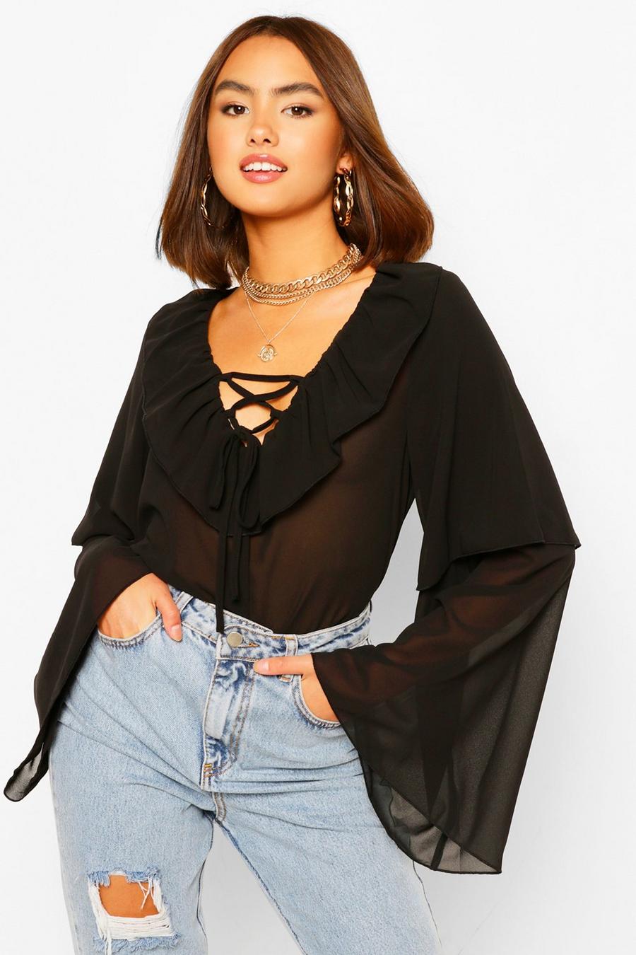 Black Woven ruffle detail blouse image number 1