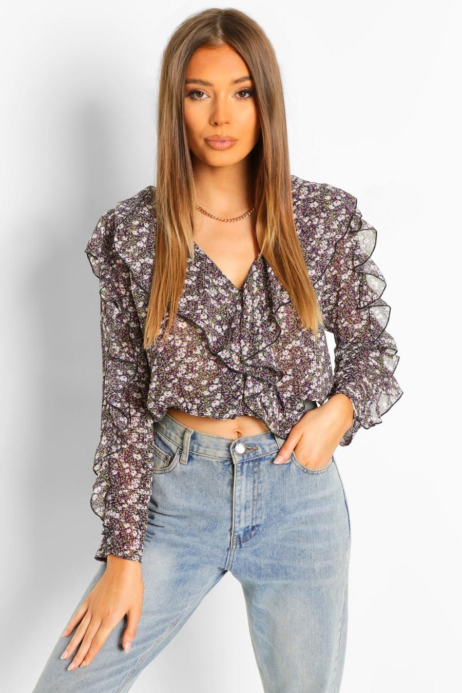 Woven floral ruffle blouse image number 1