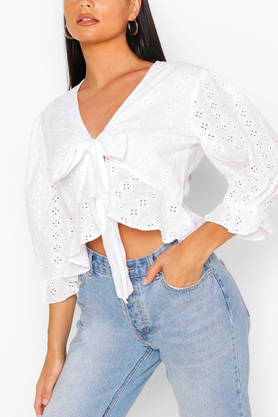 White Eyelet Tie Front Ruffle Detail Top image number 1
