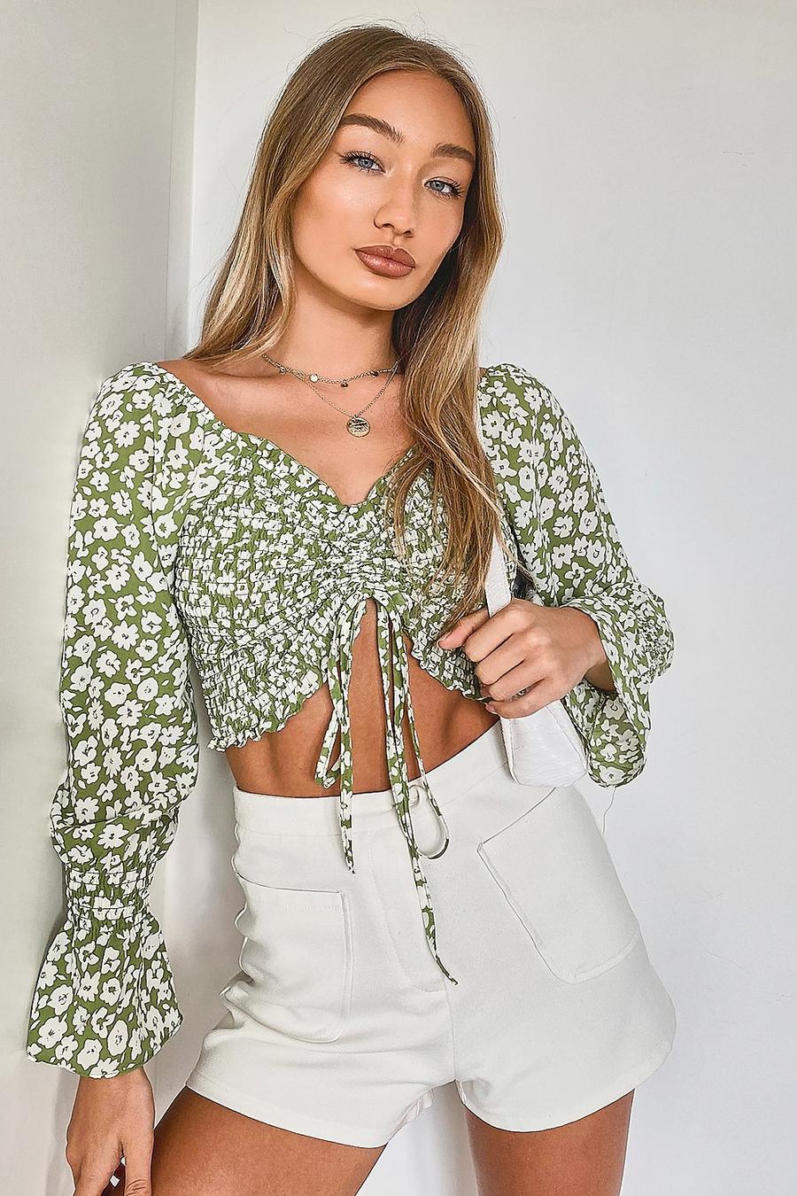 Green Ditsy Floral Shirred Woven Top image number 1
