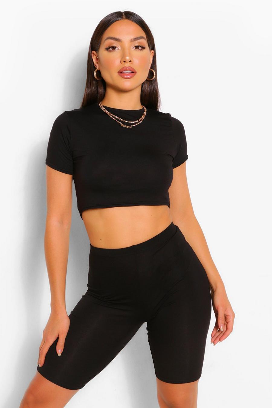 Black Basic Top and Cycling Shorts Co-ord Set image number 1