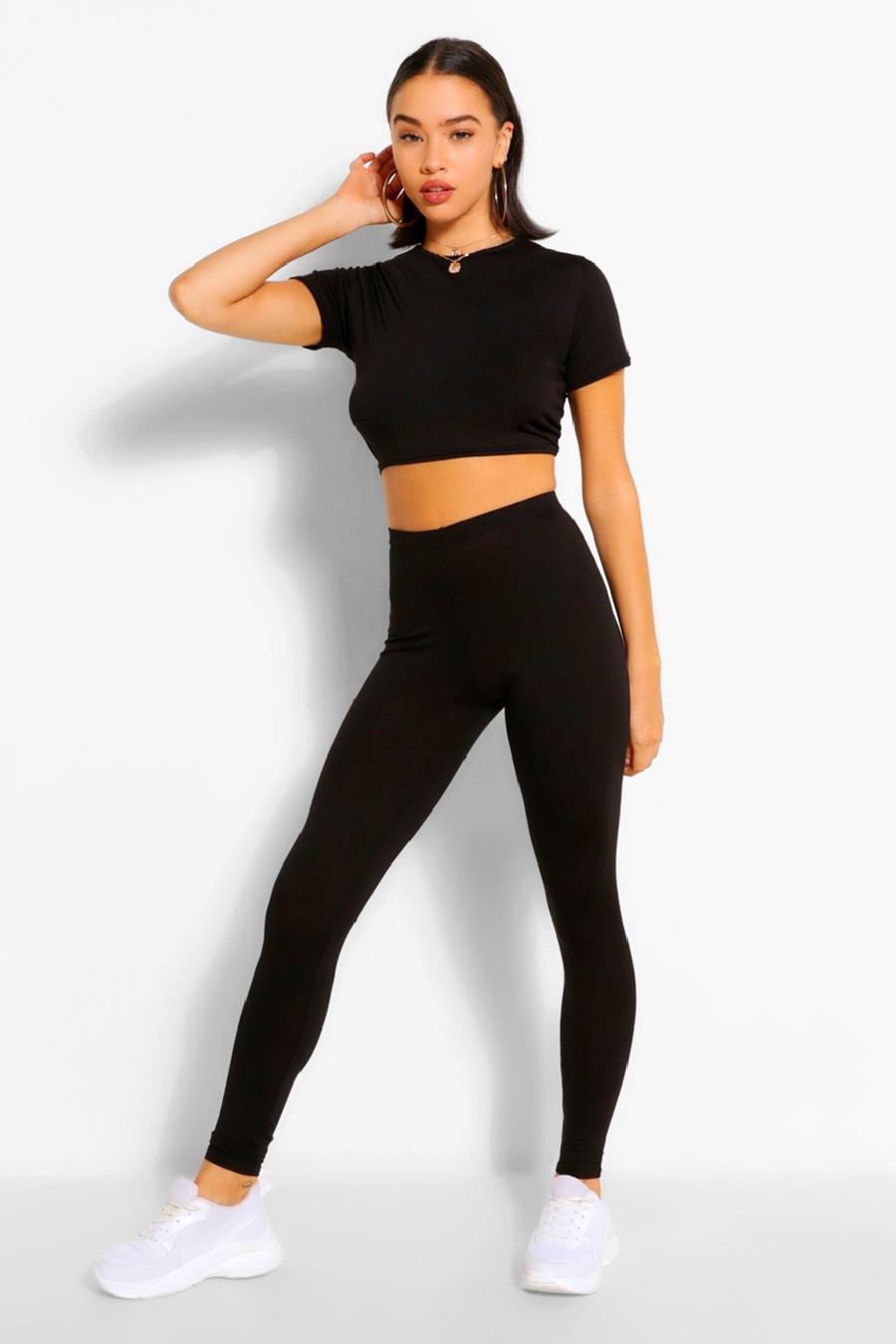 Black Basic Cap Sleeve Top And Leggings Two-Piece Set image number 1