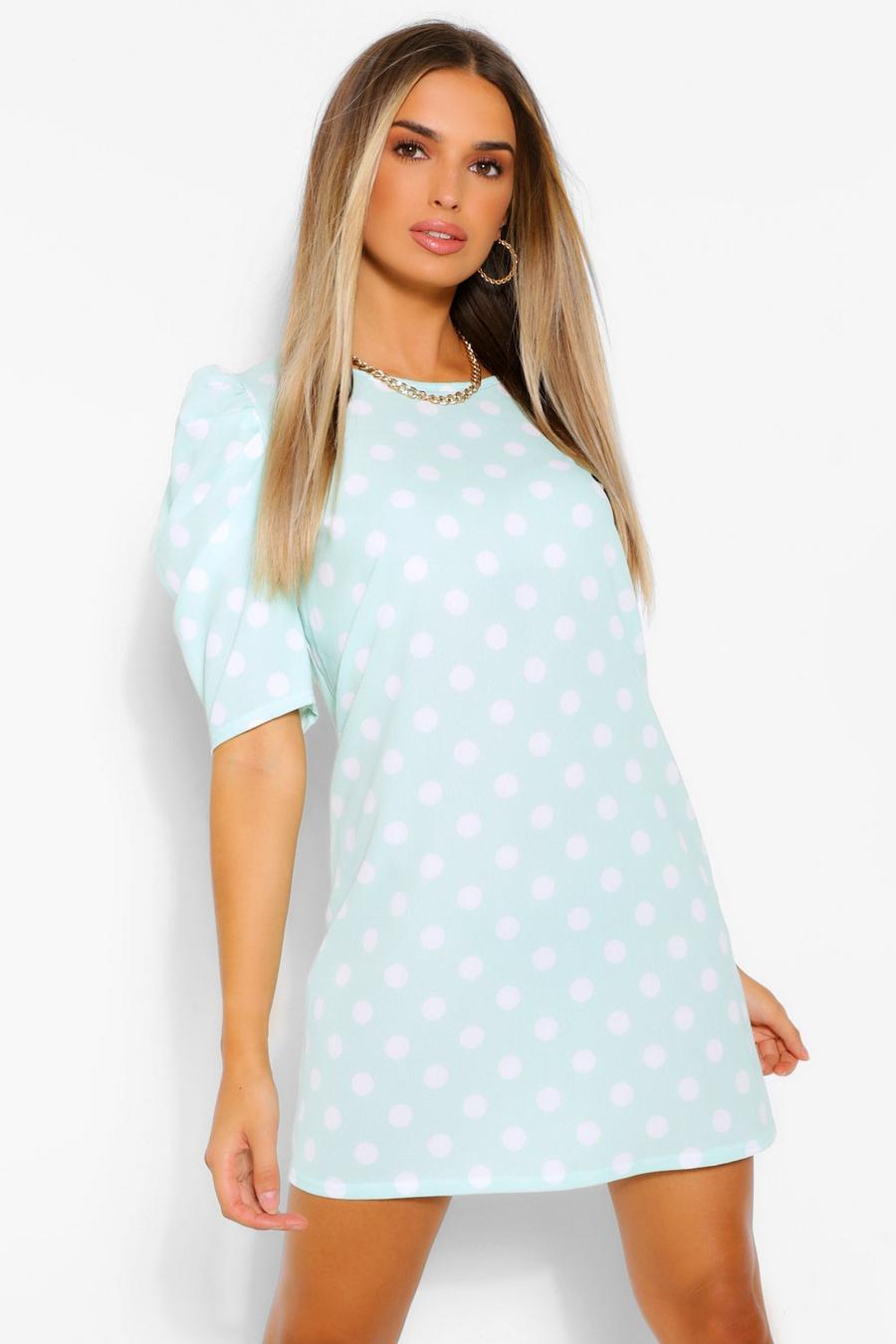 Mint Polka Dot Print Off The Shoulder Belted Shift Dress image number 1