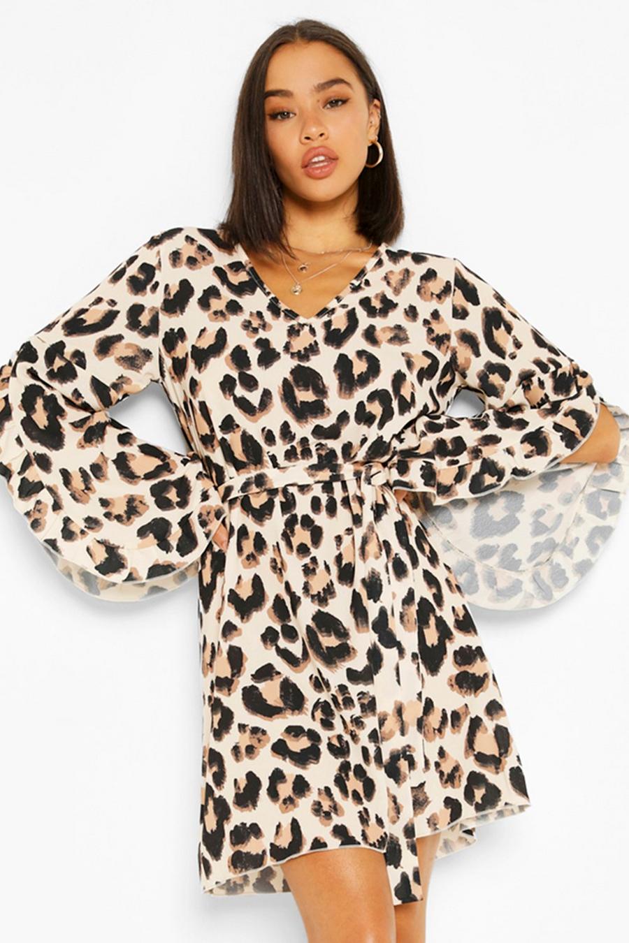 Brown Leopard Print V Neck Wide Sleeve Shift Dress image number 1