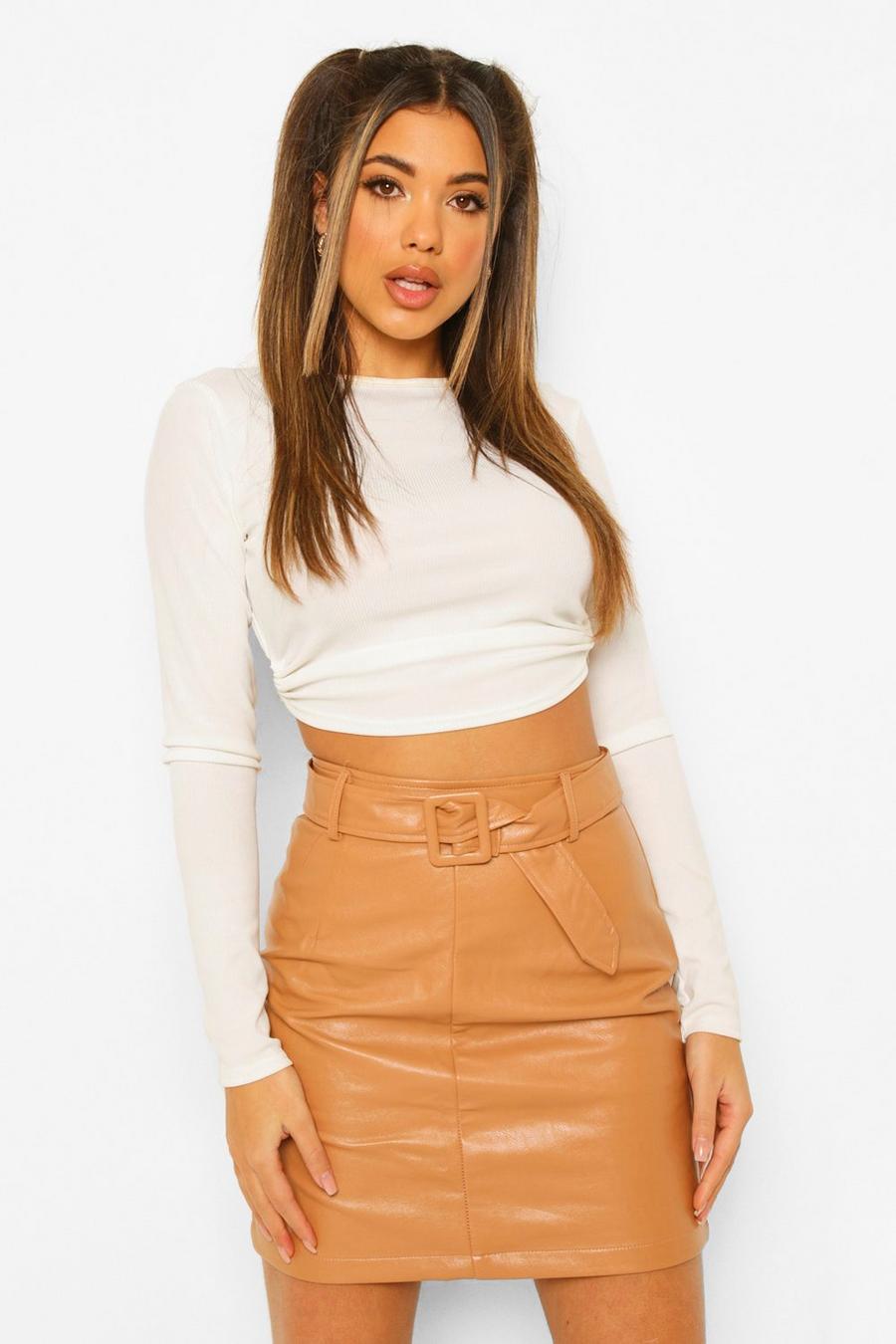 Nude Leather Look Belted Skirt image number 1
