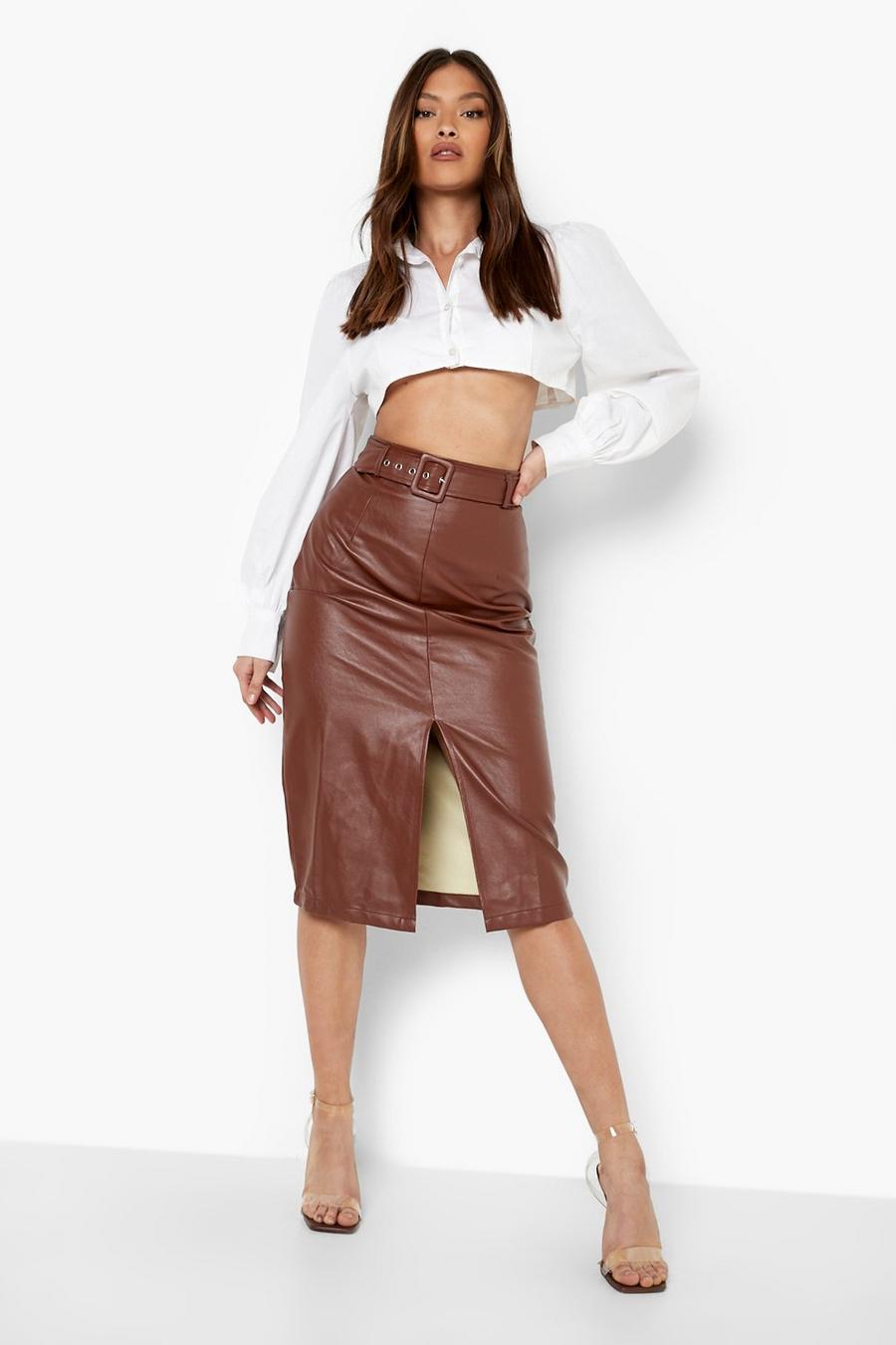 Chocolate Belted Split Front Faux Leather Midi Skirt image number 1