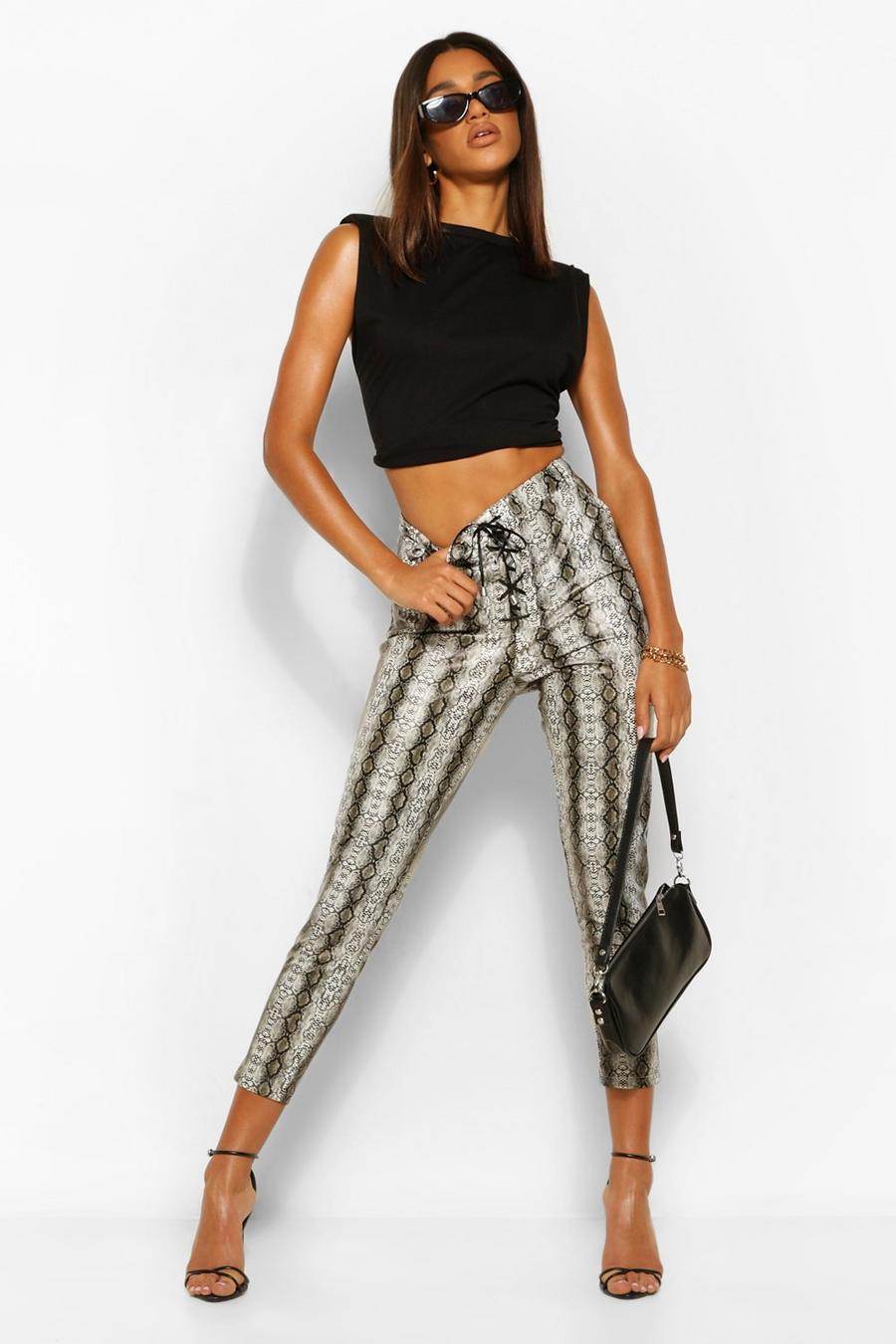 Grey Faux Leather Snake Print Lace Up Skinny Pants image number 1
