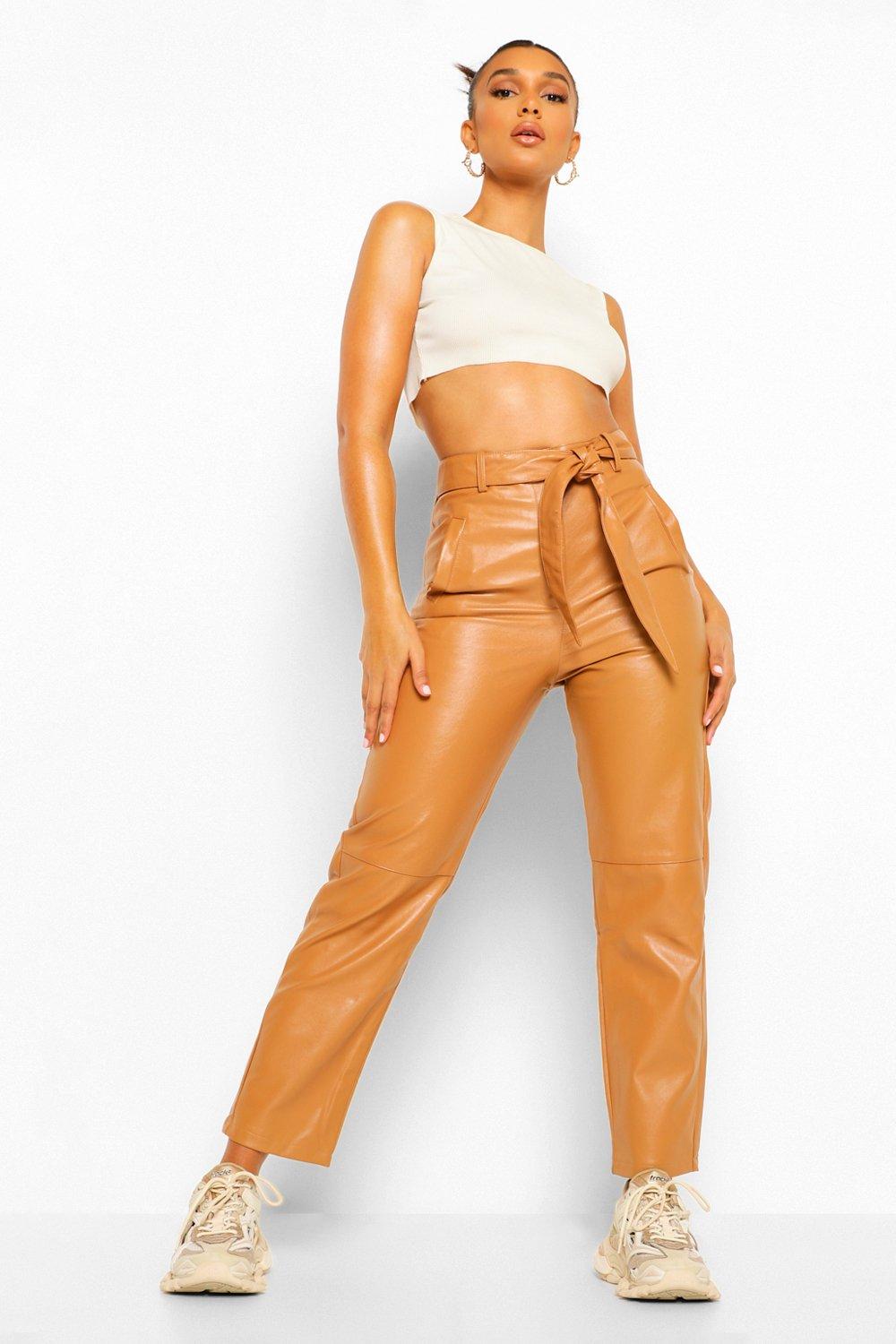 straight leg leather look trousers