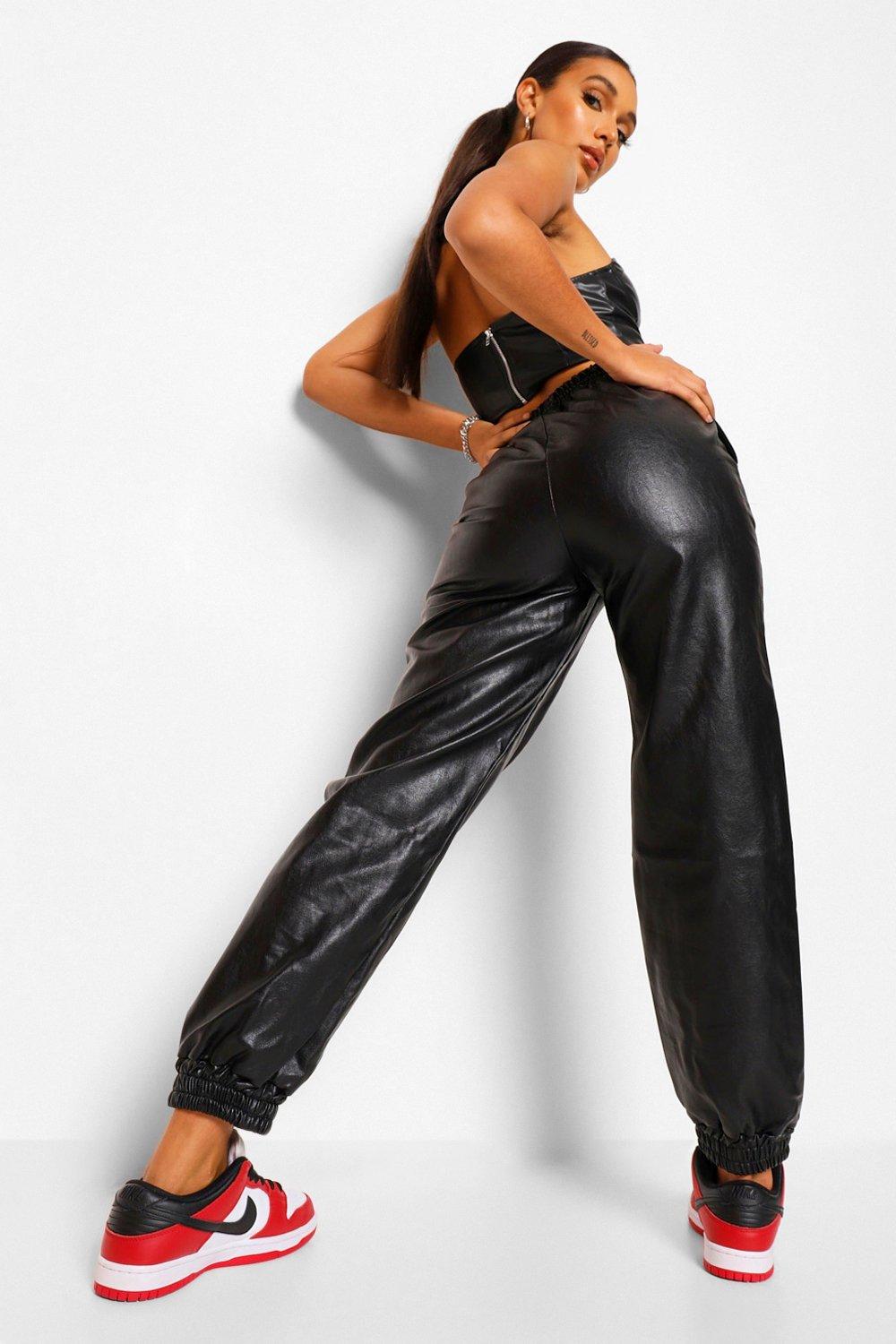 Black Leather Look Tie Waist Joggers