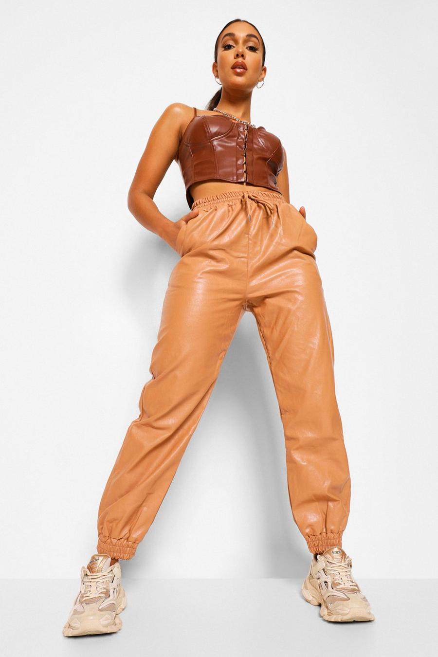 Nude Faux Leather Tie Waist Joggers image number 1