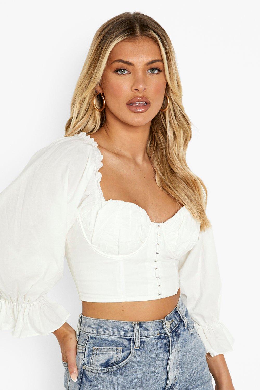 Plus White Ruched Sleeve Bardot Corset Top