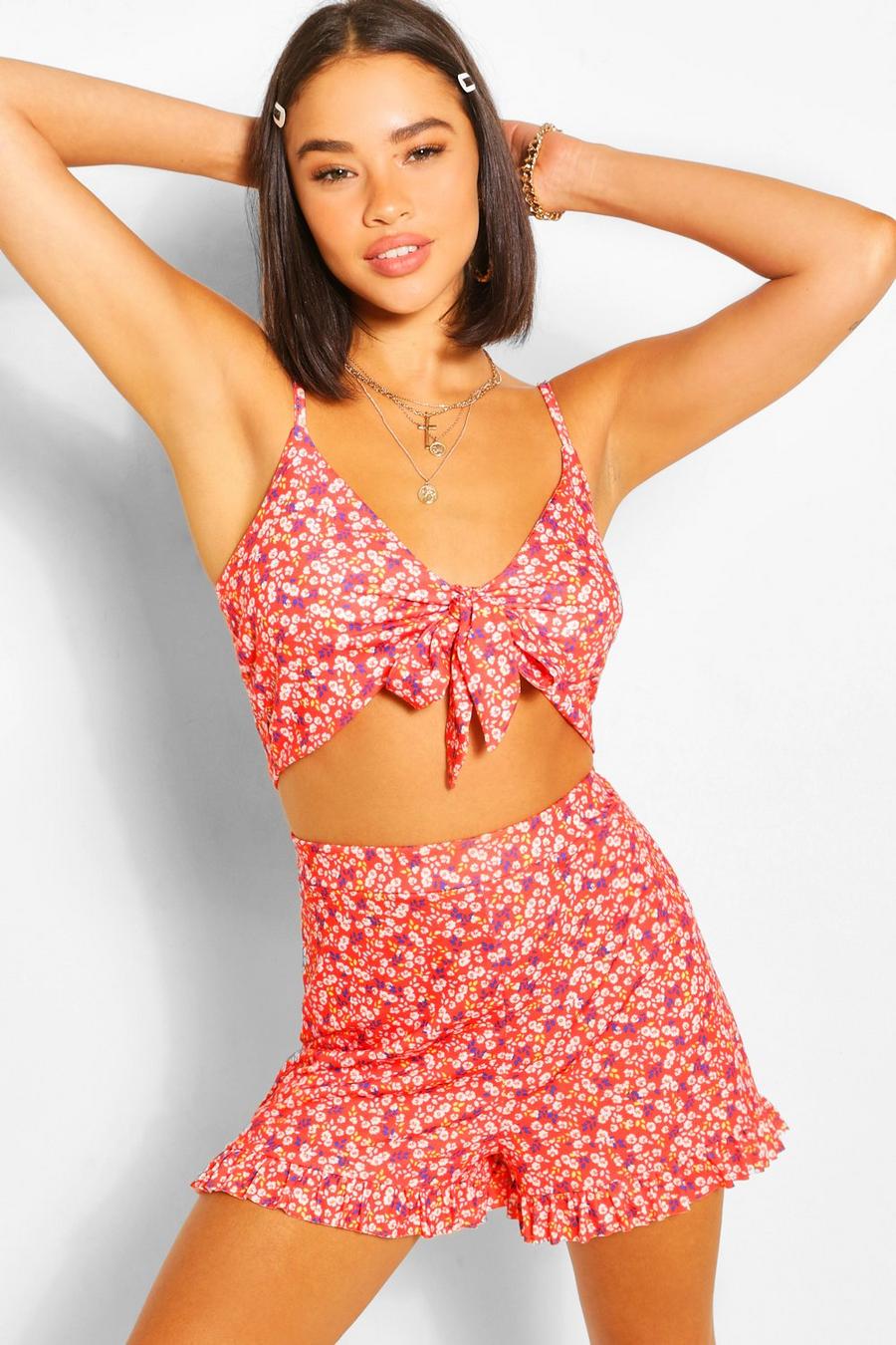 Red Ditsy Floral Knot Front Cami Co Ord image number 1