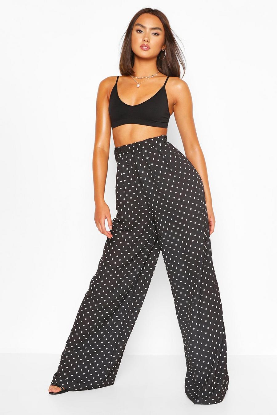 Black Polka Dot Pleat Front Wide Leg Woven Trousers image number 1