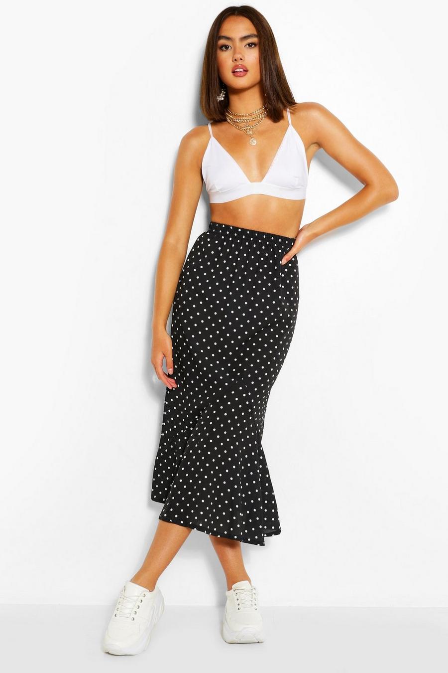 Black Polka Dot Drop Hem Woven Midi Skirt image number 1