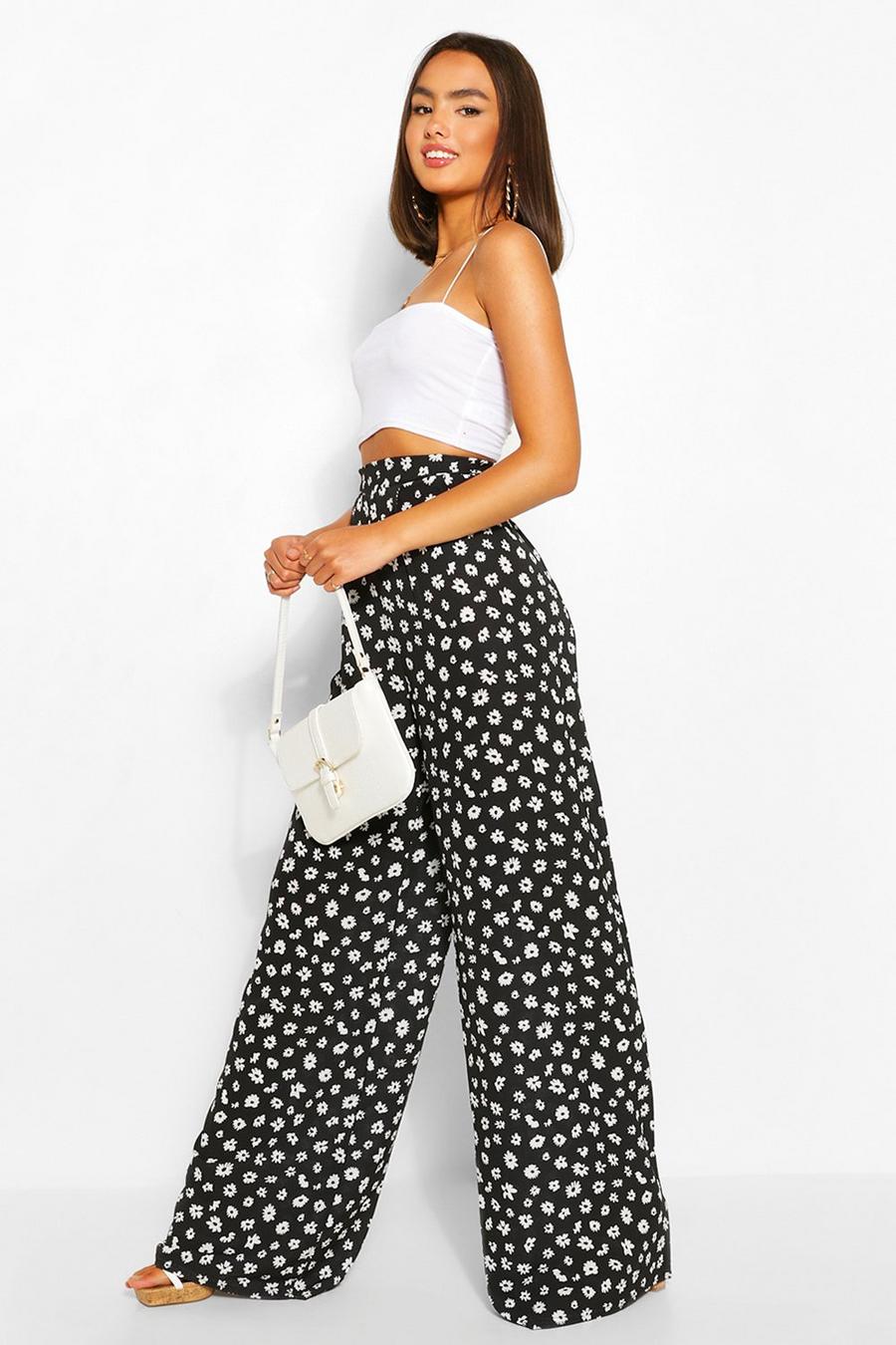 Black Daisy Floral Pleat Front Wide Leg Woven Trousers image number 1