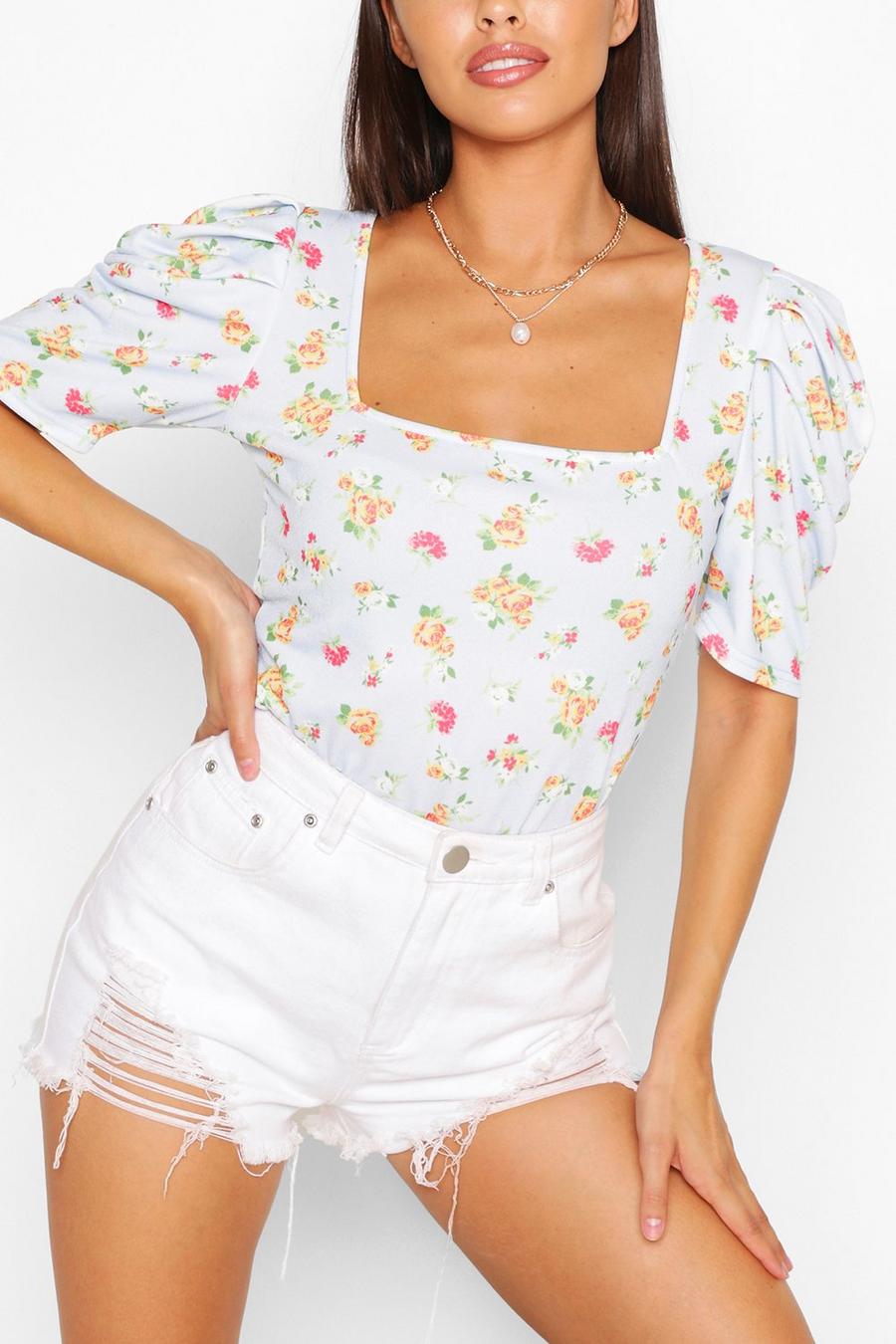 Ditsy Floral Crepe Puff Sleeve Bodysuit image number 1