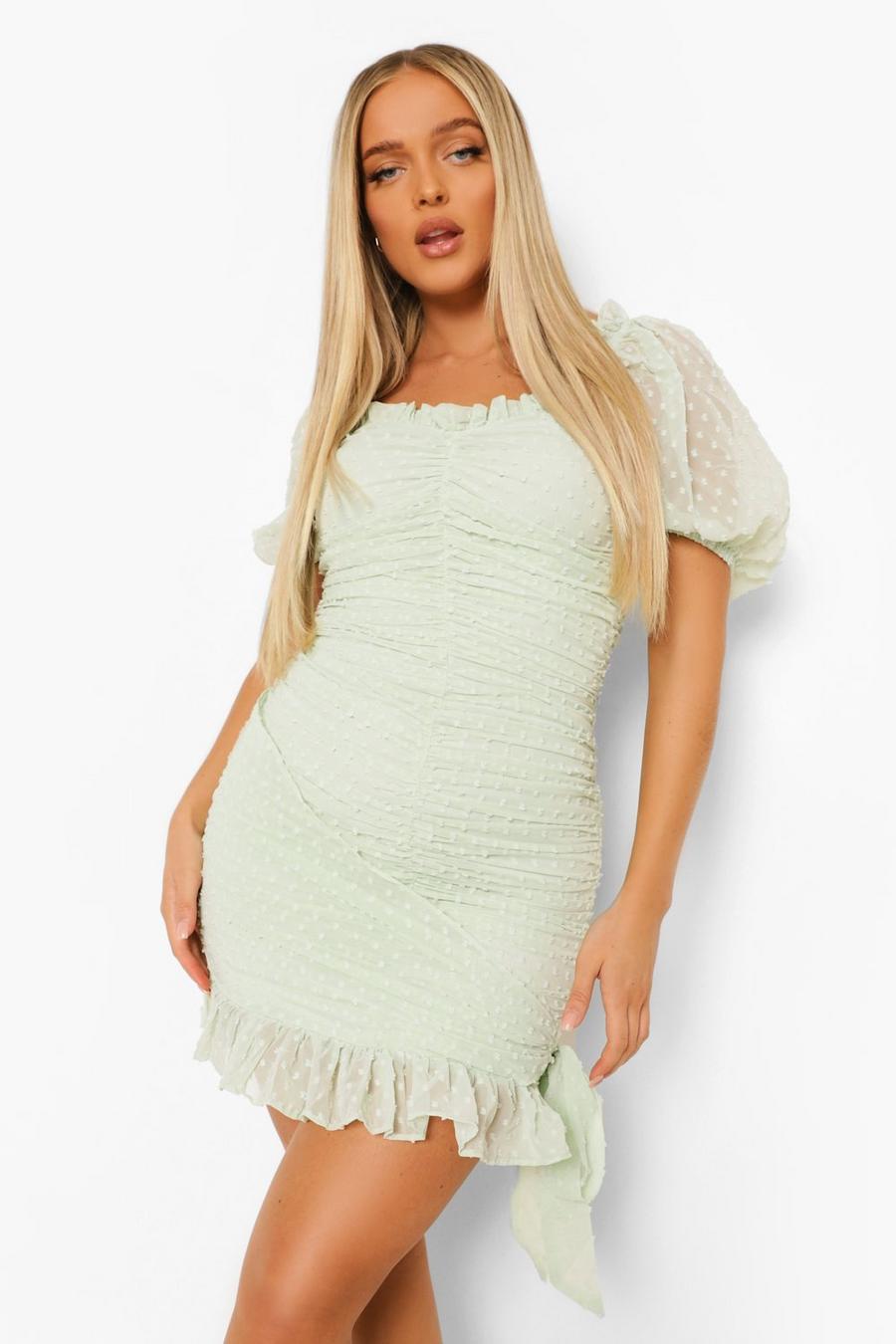 Sage green Dobby Ruched Mini Dress image number 1