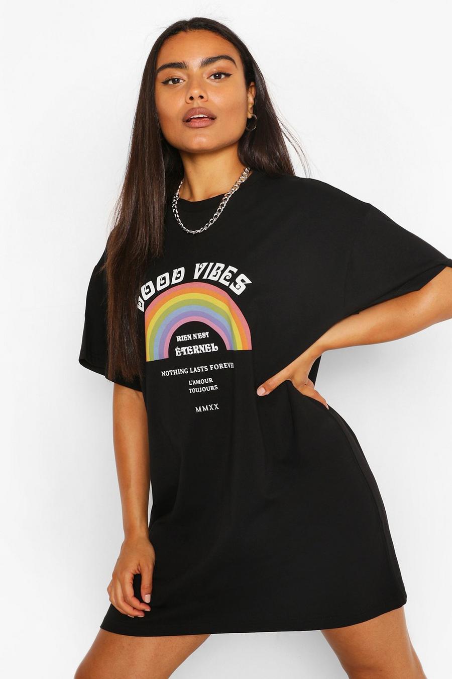 Black Good Vibes Rainbow T-shirt Dress image number 1