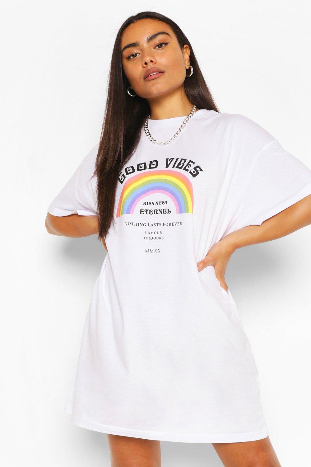 white rainbow t shirt dress